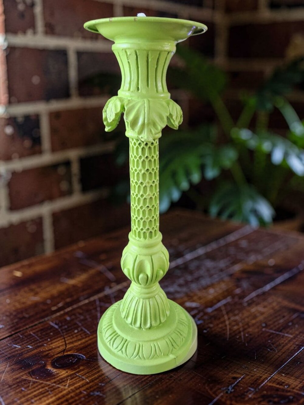 Vintage Large Green Ornate Metal Candleholder Very Heavy Thick and Sturdy.